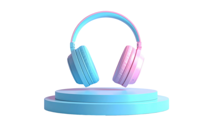 Headphones sit on a two-tiered podium against black, bathed in blue and pink light