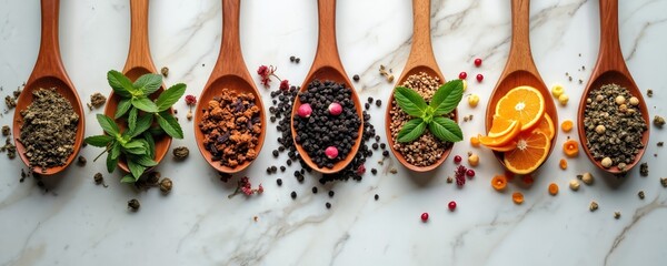 Obraz premium Various dry teas in wooden spoons on stone surface. Assortment of herbal infusions with herbs, flowers, fruits, berries. Healthy beverages for wellness, healthcare. Concept of organic tea shops.