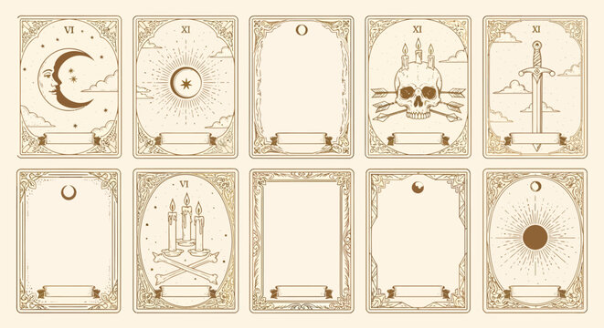 A collection of ten vintage-style tarot card illustrations with celestial and symbolic imagery on a textured background.