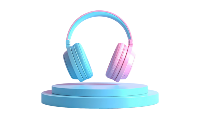 Headphones sit on a two-tiered podium against black, bathed in blue and pink light