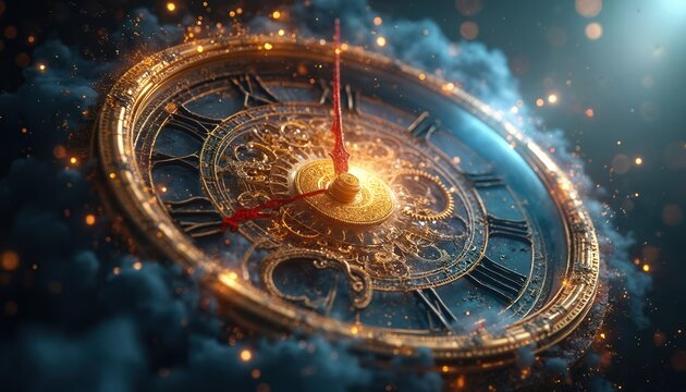 Intricate golden clock with roman numerals glows in dark space. Nebula clouds and sparkling particles surround antique timepiece. Cosmic energy emanates from watch face.
