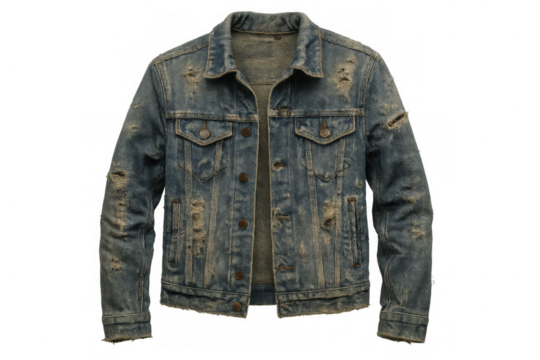 Distressed denim jacket with faded blue texture, torn fabric, and ripped areas, isolated on transparent background