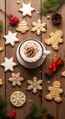 Christmas Cookies and Hot Chocolate on Wooden Table