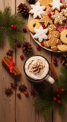 Christmas Cookies and Hot Chocolate on Wooden Table
