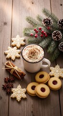Christmas Cookies and Hot Chocolate on Wooden Table