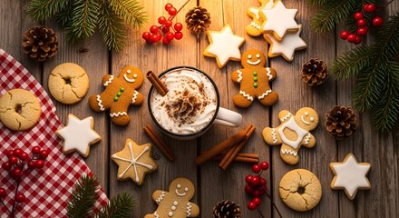 Christmas Cookies and Hot Chocolate on Wooden Table