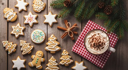 Christmas Cookies and Hot Chocolate on Wooden Table