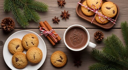 Christmas Cookies and Hot Chocolate on Wooden Table