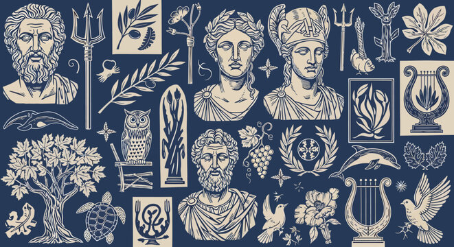 A detailed illustration featuring various symbols and busts associated with Greek mythology.