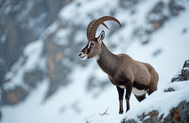 Obraz premium Majestic ibex stands on snowy mountain slope. Wild goat with curved horns in winter habitat. Ibex portrait in natural environment. Animal watches around on peak in highlands.