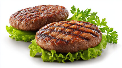 Isolated freshly grilled hamburger patties on a white background