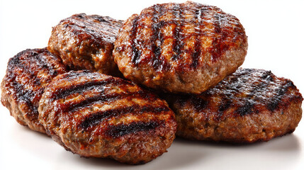 Isolated freshly grilled hamburger patties on a white background