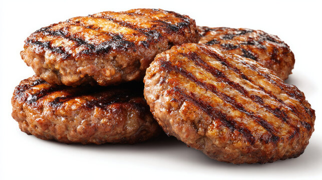 Isolated freshly grilled hamburger patties on a white background