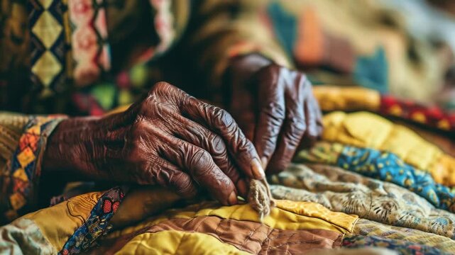 Close-up of an elderly person's hand working on a colorful patchwork quilt.