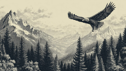 Magnificent eagle soaring over a tranquil mountain landscape with