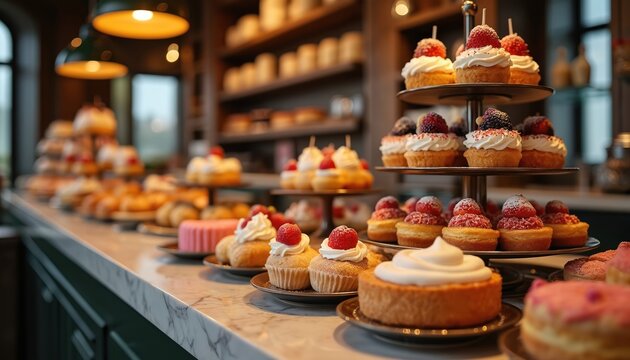 Delicious pastries beautifully arranged in cafe setting. Various desserts with cream and berries. Cakes muffins and cupcakes on display at bakery. Sweet treats on a marble counter.