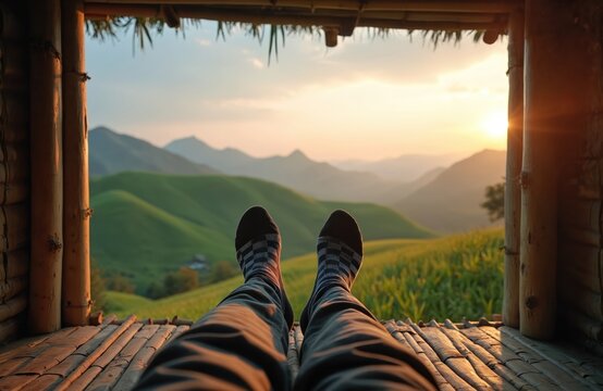 Feet in socks rest in hut with mountain view at sunrise. Person enjoys vacation on a green hill in peaceful countryside. Travel adventure in nature landscape. Tourism industry.
