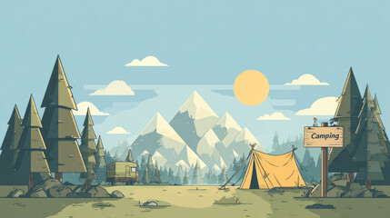 A serene camping landscape in a minimalist vector illustration