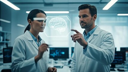 Brainstorming with Brilliance: Two dedicated professionals in pristine lab coats collaborate, examining a high-tech holographic representation of the brain. - Powered by Adobe