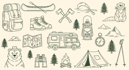A collection of hand-drawn icons representing camping, hiking, and outdoor adventure.