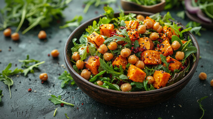 Hearty Vegan Salad With Roasted Sweet Potatoes Chickpeas And Fresh Greens