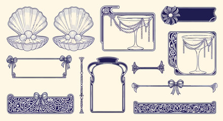 A collection of elegant Art Nouveau decorative elements featuring frames, borders, shells with pearls, and champagne glasses.