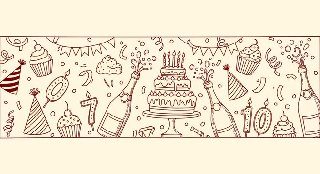 Hand-drawn doodle illustration of various birthday party and celebration elements including cake, champagne, and confetti.