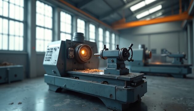 Heavy duty industrial lathe machine tool operates in factory workshop. Metalworking machinery provides precision part manufacturing. Automated engineering equipment. - Powered by Adobe