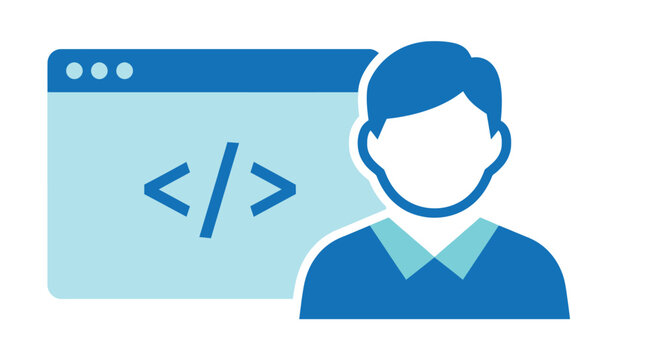 Person with coding symbol displayed on a screen flat design silhouette