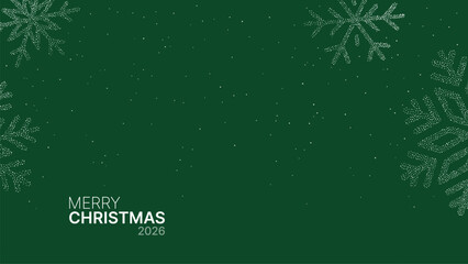 Merry Christmas 2026 greeting text with elegant snowflake decoration on green background. Festive holiday banner for winter celebration.