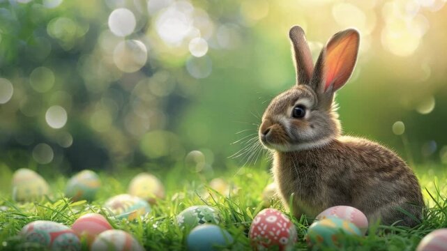 A low-angle video frame captures a cute rabbit in a vibrant meadow, surrounded by colorful Easter eggs, with a dreamy, bokeh background.