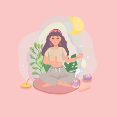A girl sits in a yoga pose with aromas and a moon. Spiritual development and mental health