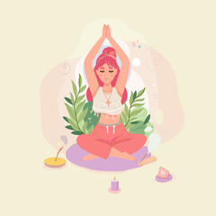 Girl sitting on yoga with hands up. Spiritual development and mental health