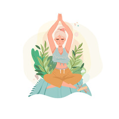 Girl sitting on yoga with hands up with plants and nature. Spiritual development and mental health