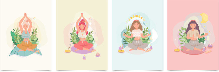 A set of works with yoga asana positions. Spiritual development and mental health