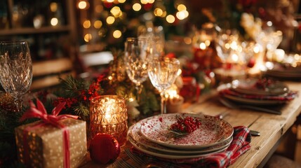 Elegant christmas table setting with festive decorations and candlelight ambiance