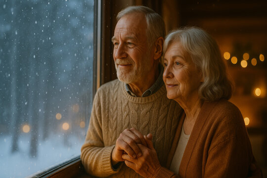 Elderly couple watching winter snowfall before Christmas holidays - Powered by Adobe