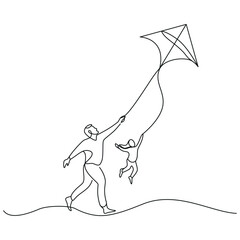 Father and child flying a kite. Vector illustration. Continuous line drawing.
