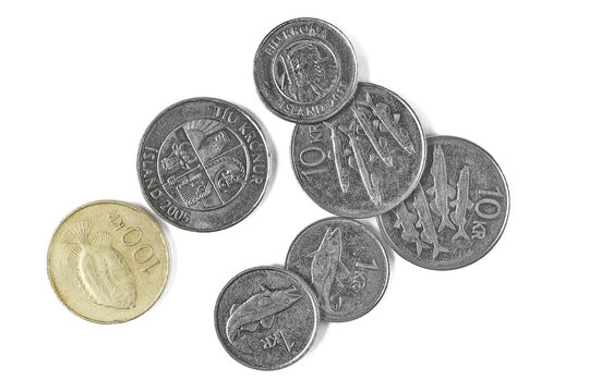  Icelandic krona coins isolated on white background, top view
