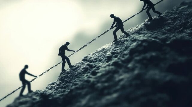 A group of men are pulling a rope up a steep hill. There are three men on the left side of the rope and two men on the right side