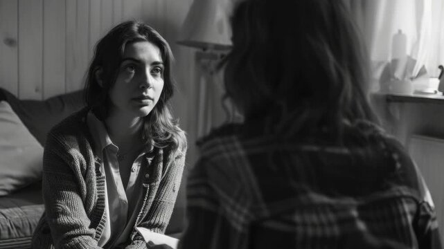 Two women are sitting on a bed and talking. One of them is wearing a plaid shirt