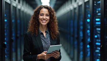 Confident woman holds tablet in modern data center. Female network engineer smiles, managing server racks, cloud computing infrastructure. Professional system administrator provides cybersecurity for