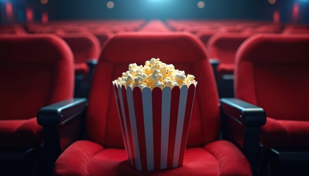 Cinema scene with full popcorn box in red striped container on seat. Theatre interior background with blurred seating. Film time concept for moviegoers and snacks