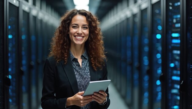 Confident woman holds tablet in modern data center. Female network engineer smiles, managing server racks, cloud computing infrastructure. Professional system administrator provides cybersecurity for