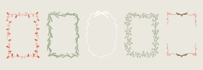 Vector Christmas Collection of  hand drawn vintage frames with wavy lines, bows and ribbons.  Modern trendy borders for wedding invitation, birthday card, social media template. whimsical style.