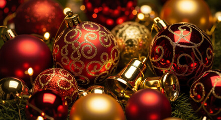 Christmas ornaments in red, gold, and green festive arrangement  