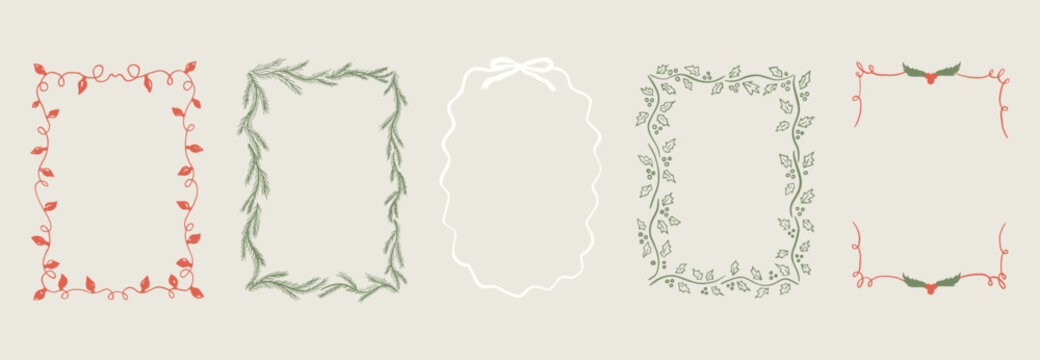 Vector Christmas Collection of  hand drawn vintage frames with wavy lines, bows and ribbons.  Modern trendy borders for wedding invitation, birthday card, social media template. whimsical style.