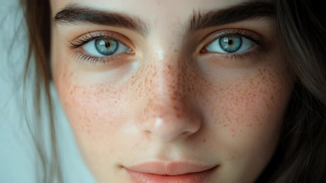 A stunning shot of a woman's face, highlighting her hazel eyes and delicate freckles.