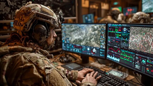 Tactical operations command center: military personnel analyzing real-time data on screens, soldier monitors the situation