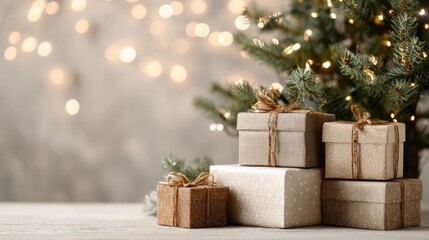Rustic christmas gift boxes under illuminated tree with festive lights